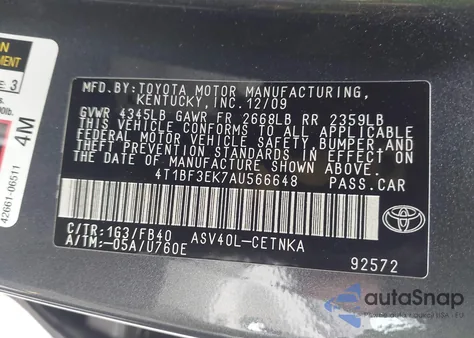 2010 Toyota Camry Le from USA, damaged, VIN 4T1BF3EK7AU566648